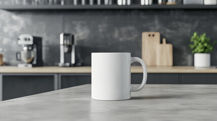 A plain white mug sits on a kitchen counter, a simple yet elegant still life. The background is subtly blurred, highlighting the mug.