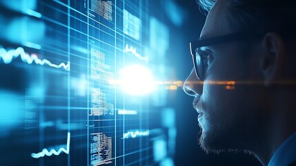 A man closely analyzing digital data on multiple screens. The futuristic interface displays complex graphs and numbers, symbolizing innovative technology and big data analysis.