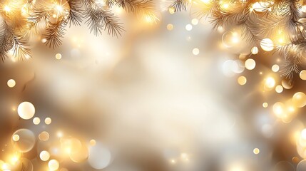 Abstract festive background with golden bokeh lights and pine branches, perfect for holiday-themed designs and seasonal greetings. The image radiates warmth and celebration.