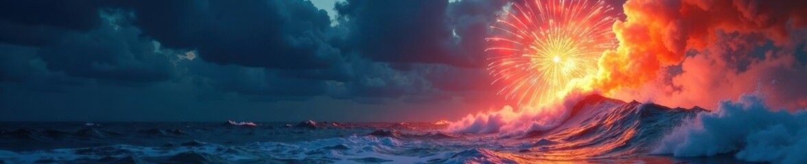 Obraz premium Vibrant Orange Fireworks Burst Above the Blue Ocean, explosive effects, pyrotechnics, oranges