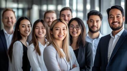 Fototapeta premium A diverse group of professionals smiling confidently in an office setting, showcasing teamwork and unity. Perfect for corporate presentations or promotional materials.