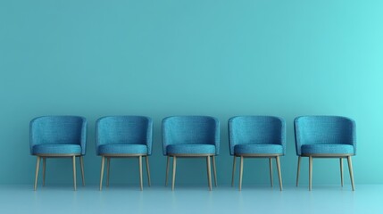 Five stylish blue chairs against a turquoise wall, creating a modern and inviting space.