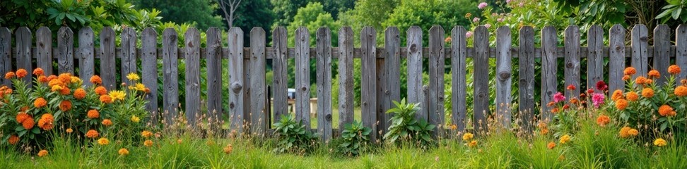 Weathered wooden fence against overgrown wildflowers, wilderness, rustic