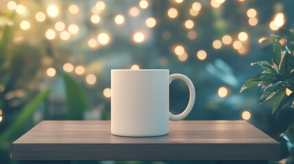 A plain white mug sits on a wooden table against a softly blurred background of warm lights and green foliage. Perfect for adding your own design!