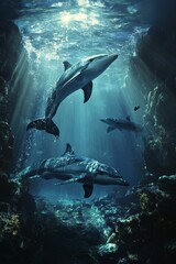 Fototapeta premium Three dolphins swim, sunlit underwater scene.