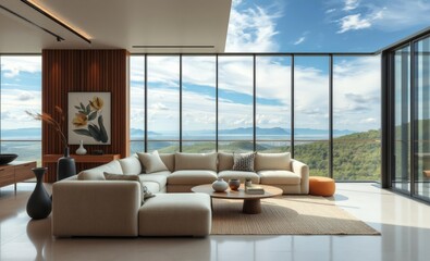 Japandi minimalist interior featuring a modern beige boucle sofa with abstract accents creating a refined and cozy ambiance Japandi interior design interior design japandi style modern