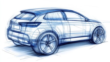 AI-driven blueprint sketch of futuristic SUV design. Technical automotive visualization, vehicle rendering, and concept car development.