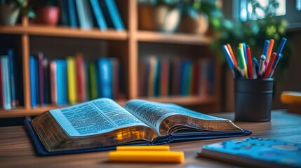  Open book on desk surrounded by colorful pens in peaceful study setting. Bookshelf in background emphasizes focus, learning, and inspiration for education or creative work.