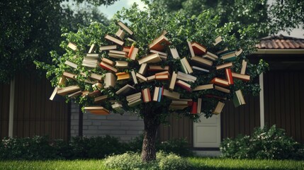 The Book Tree: A whimsical illustration of a tree laden with books, symbolizing the growth of knowledge and the joy of reading. A magical scene perfect for book lovers and literature enthusiasts.