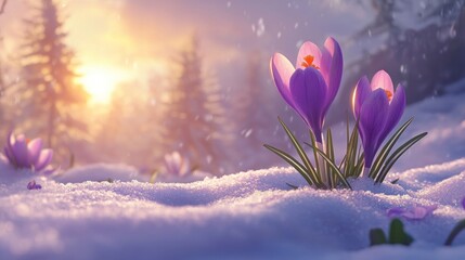 Spring crocuses blooming in snowy landscape at sunrise.