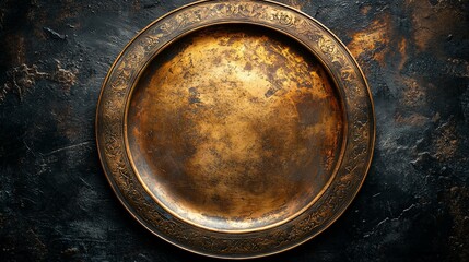 Ornate Antique Brass Serving Tray On Dark Background