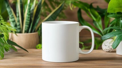 A plain white mug sits on a wooden surface surrounded by lush green plants. The tranquil scene evokes a sense of calm and relaxation.