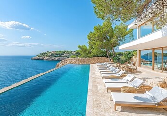 Fototapeta premium Mallorca, with the blue sea in the background, a white modern luxury villa with an infinity pool and sun loungers along the edge of it.
