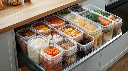  Deep drawer organized with food storage containers stacked by size, with lids upright in separate divider, showcasing a neat and practical kitchen storage solution.