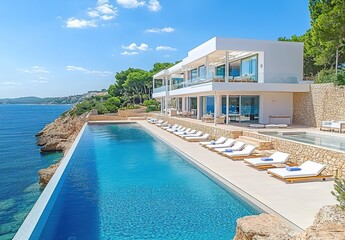 Fototapeta premium Mallorca, with the blue sea in the background, a white modern luxury villa with an infinity pool and sun loungers along the edge of it.