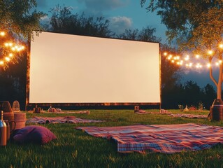 An outdoor movie screen set up in a backyard with cozy seating, string lights, and a serene evening atmosphere.
