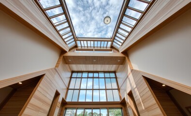 Serene japandi atrium with light wood accents and skylight view Japandi interior design interior design japandi style modern