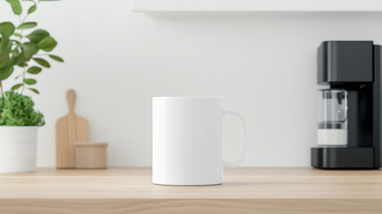 Simple white mug on a light wood surface in a bright kitchen. Perfect for your design mockups or branding projects.