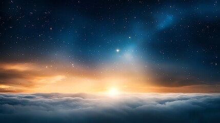 Fototapeta premium A breathtaking view above the clouds at sunrise, capturing the serene beauty of the sky transitioning from night to day