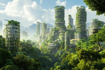 Obraz premium Lush green jungle envelops futuristic, vertical buildings.
