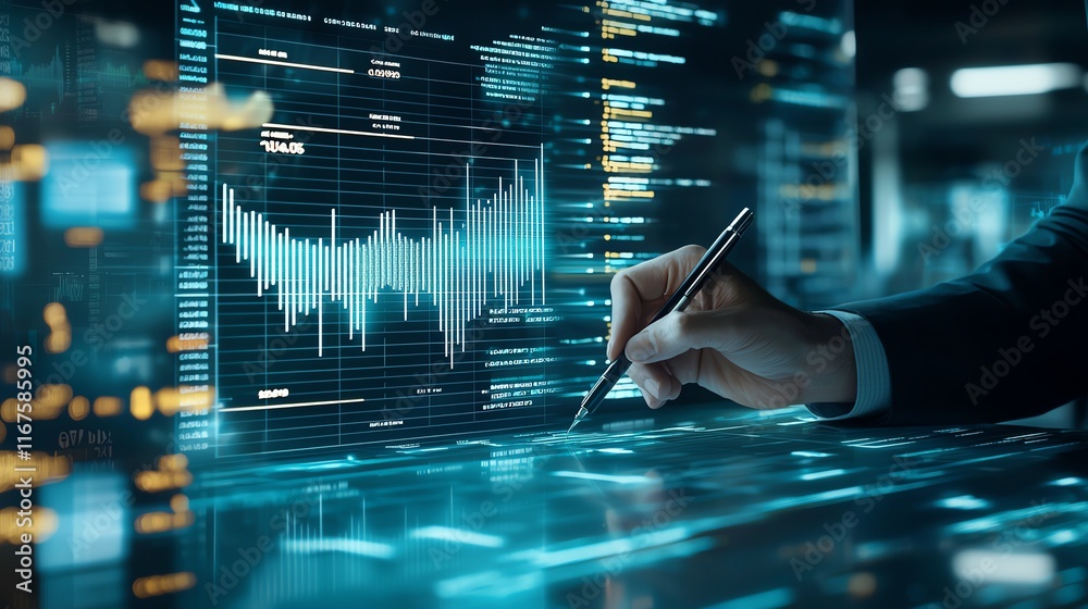 Aufkleber a hand using a stylus on a digital interface displaying data analytics