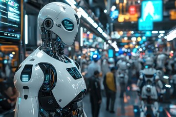 Advanced humanoid robot stands in a futuristic urban environment with glowing lights and vibrant crowds during nighttime