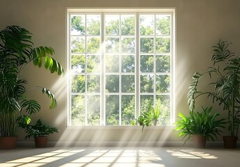 Fototapeta premium 3D rendering of a large window with green plants on the left and right sides, with sunlight shining through, and a beige wall.
