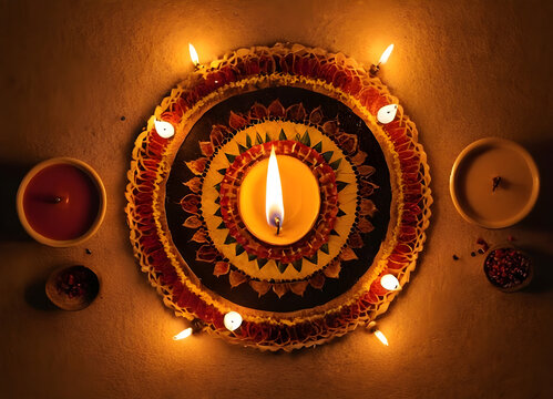 Burning tealight candles illuminating colorful rangoli for diwali festival