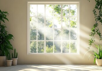 Fototapeta premium 3D rendering of a large window with green plants on the left and right sides, with sunlight shining through, and a beige wall.