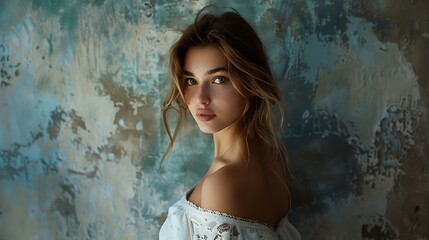 Fototapeta premium Attractive young woman looks over shoulder against a textured blue and grey artistic wall.