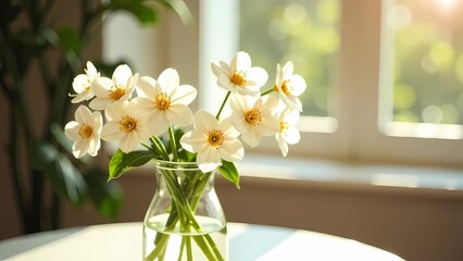 Delicate white flowers in a vase will fill a sunny room with soft light and cozy atmosphere. Spring postcard, soulful image