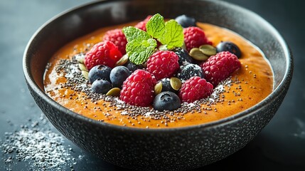  Smoothie bowl topped with vibrant raspberries, blueberries, chia seeds, pumpkin seeds, and mint leaves creating colorful and nutrient-rich healthy breakfast option.