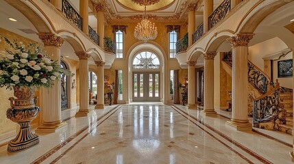 Obraz premium Luxurious hallway in high-end residence featuring marble floors, gold-accented trim, and coffered ceiling with chandelier, exuding elegance and grandeur in modern architectural design.