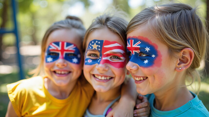 Children with Face Paint of the Australian Flag in a Playground Setting, Australia Day