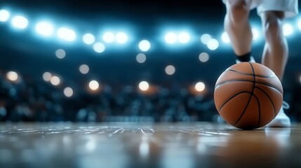 A dynamic view of a basketball on a court, with a player in the background, under bright stadium lights, capturing the excitement and energy of the game.