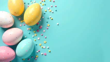 Easter holiday concept. Yellow white blue pink eggs and Easter bunny on isolated pastel blue background with empty space in the middle