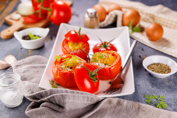 healthy appetizer, baked tomato garnish with egg