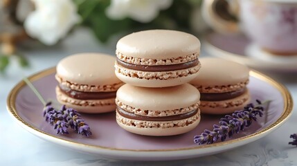 A plate of four macarons with chocolate filling