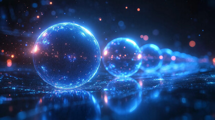 A rhythmic arrangement of glowing spheres with bright highlights reflected in a deep blue space.
