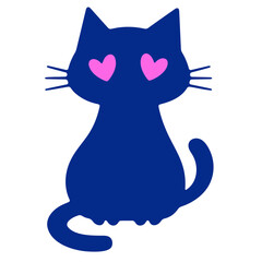 A blue cat with pink heart-shaped eyes sitting on a plain background