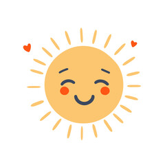 A smiling sun with a happy expression, surrounded by sunbeams and small heart shapes