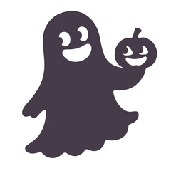 A black ghost holding a jack-o-lantern pumpkin , against a white background
