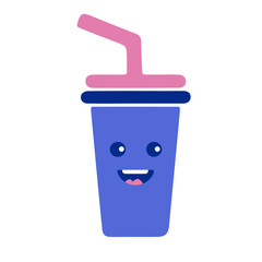 A smiling blue soda cup with a pink straw