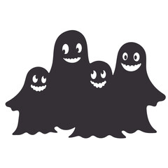 Three smiling black ghosts against a white background