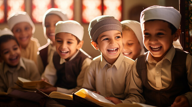 Children reading Quran together during Ramadan. Peaceful, spiritual, and educational