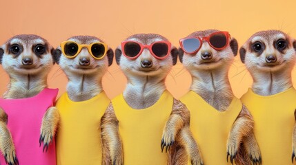 Fototapeta premium Five playful meerkats in colorful swimsuits and sunglasses against a gradient background.