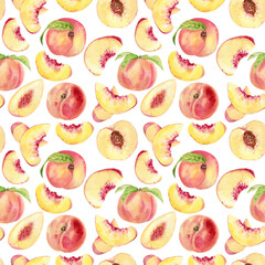 Watercolor seamless pattern with peaches fruit slices. Fruit hand drawn elements for summer food design
