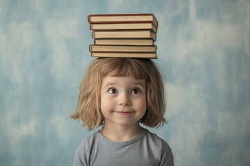 Child balancing books on head showcases focus and balance in playful learning activity
