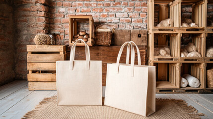 Two empty tote bags sit on a jute rug in a rustic setting with wooden crates and baskets.  Perfect for farmers markets or shopping.