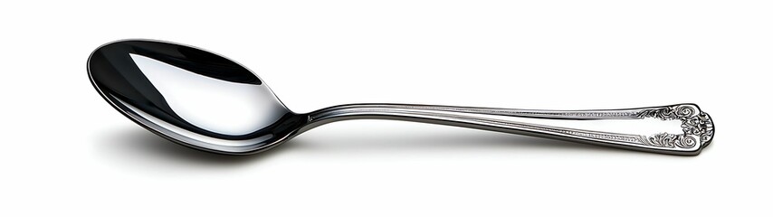 Silver precious craftsmanship concept, A shiny, silver spoon with a decorative handle, perfect for serving or enjoying various foods.